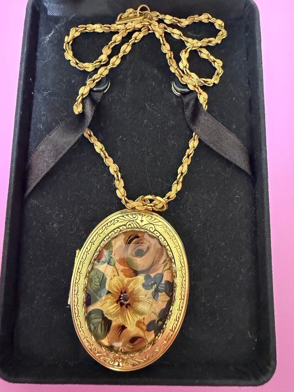 Vintage Miriam Haskell Large Floral Locket Pendant Necklace Signed 1970s